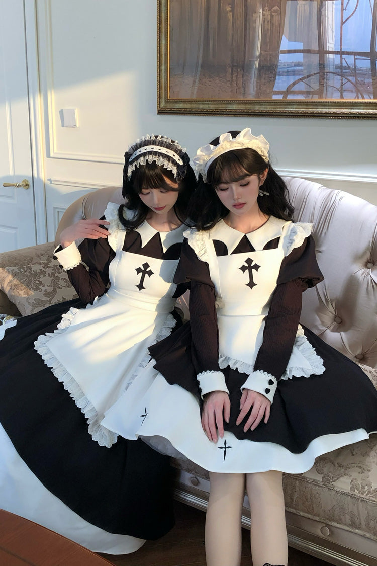 Black/White [Halloween Little Maid] Lapel Collar Long Sleeves Printed Ruffled Asymmetric Nun Gothic Lolita Dress