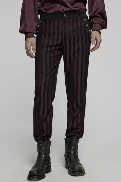 Black/Red High Waisted Striped Print Men's Gothic Suit Pants