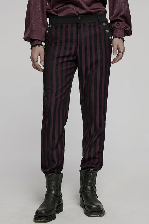 Black/Red High Waisted Striped Print Men's Gothic Suit Pants