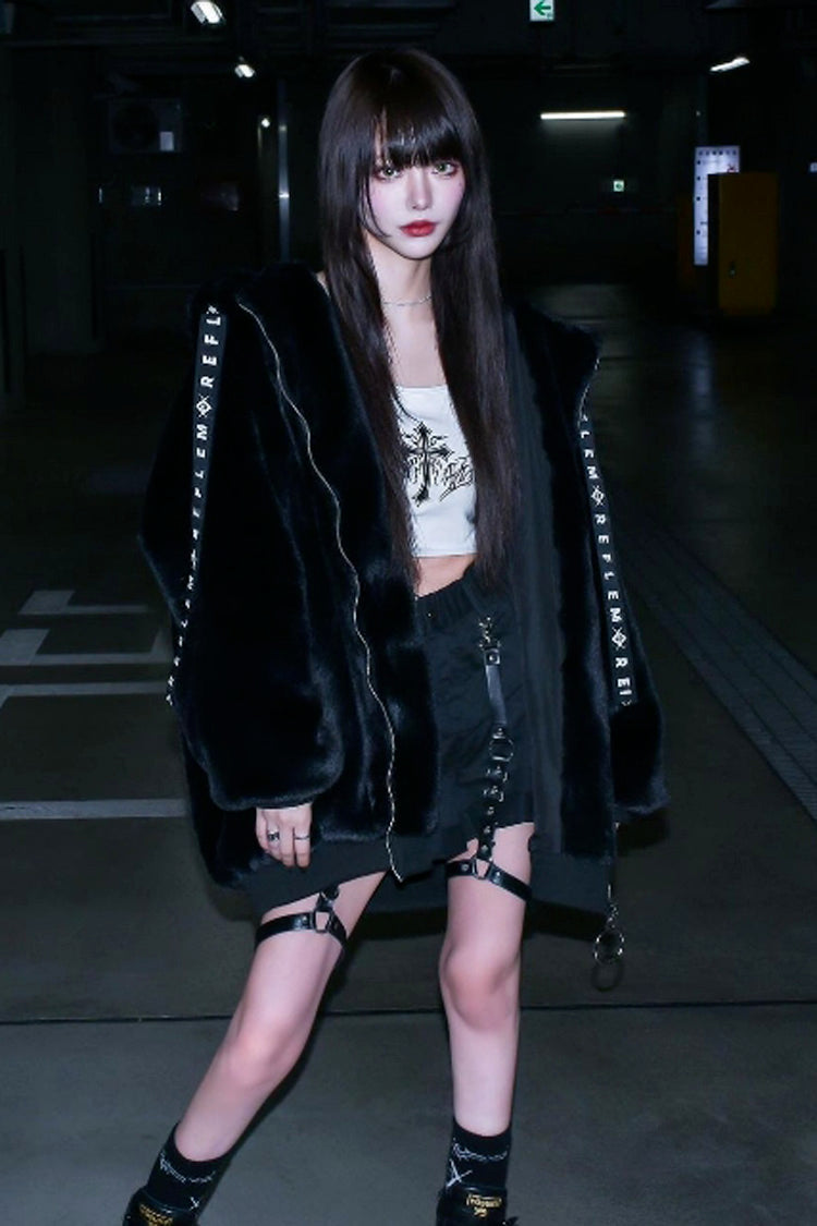 Black Rabbit Ears Long Sleeves Hooded Punk Jirai Kei Coat
