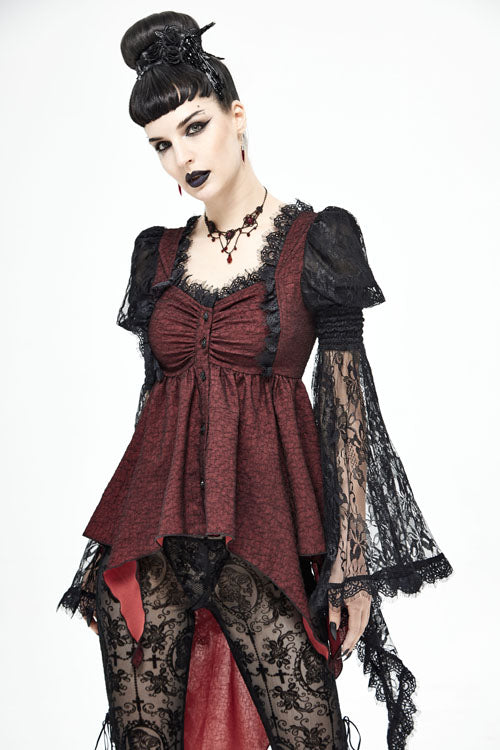 Black With Red Lace Trumpet Sleeves Womens Gothic Lolita Blouse