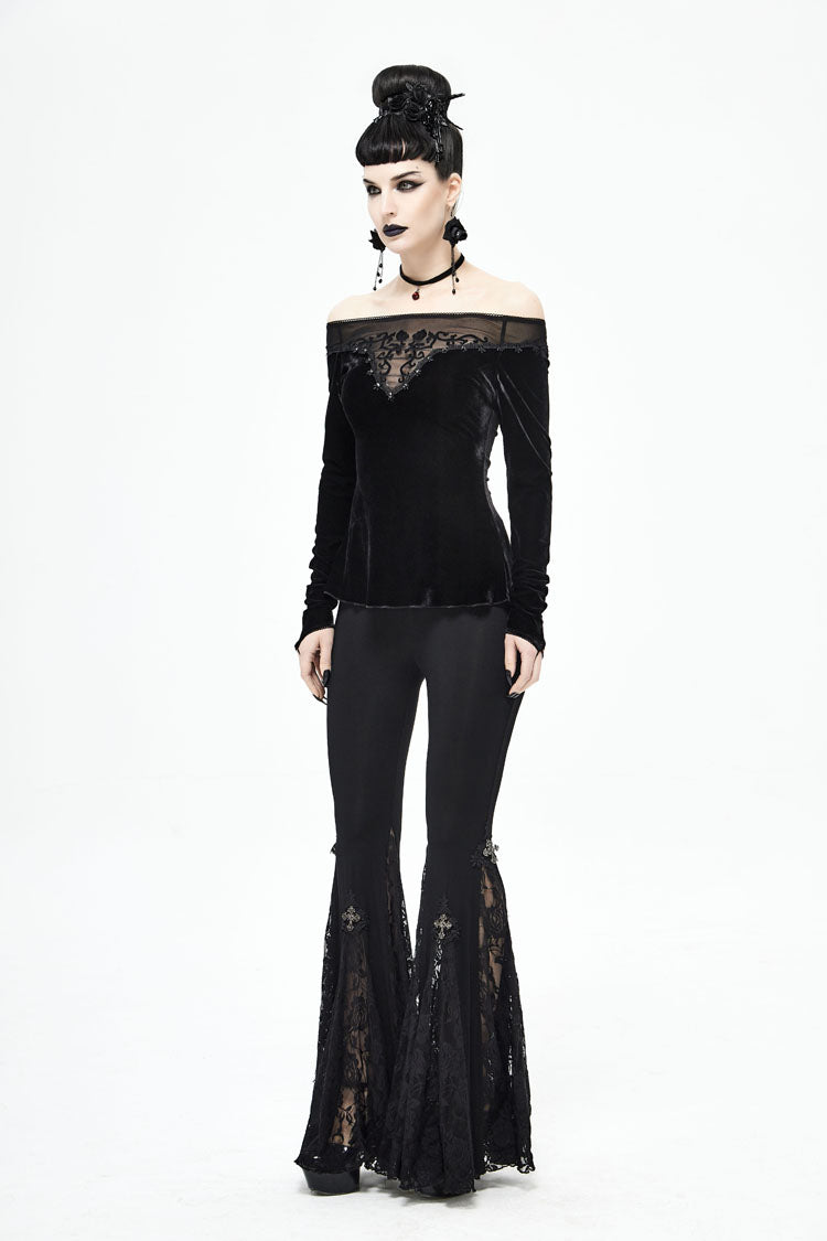 Black Velvet Off Shoulder Long Sleeve Mesh Collar Chest Flocking Pattern Women's Punk T-Shirt
