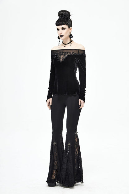 Black Velvet Off Shoulder Long Sleeve Mesh Collar Chest Flocking Pattern Women's Punk T-Shirt