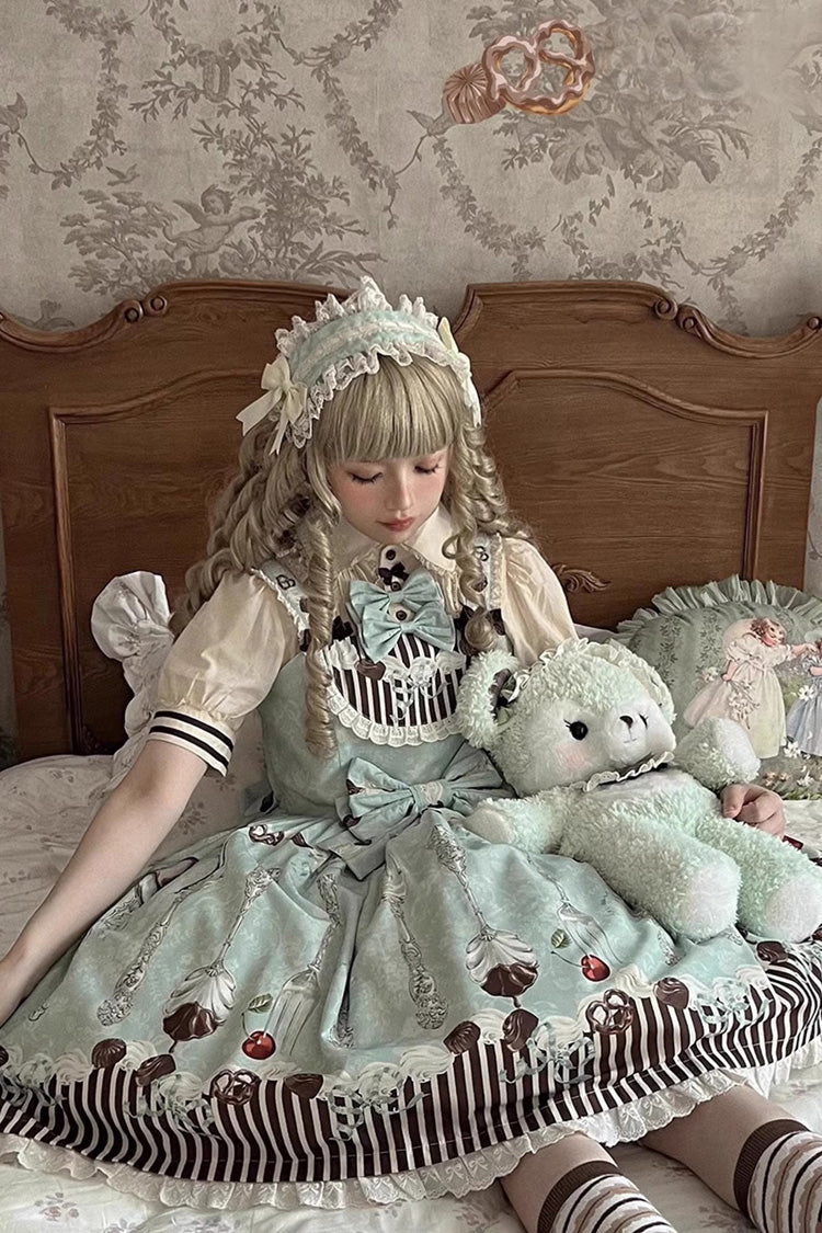 Blue/Green Sleeveless Print Bowknot Sweet Plus Size Lolita Jsk Dress