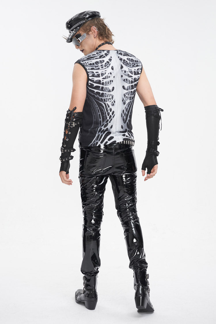 Black/White Round Collar Print Hollow Men's Punk Vest