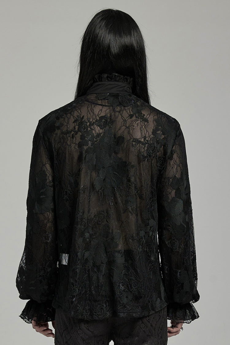 Black Stand Collar Lantern Sleeves Print Ruffle Lace Men's Gothic Blouse