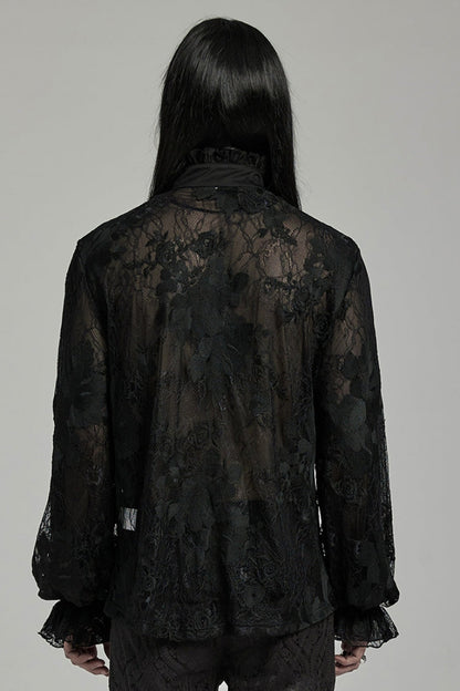 Black Stand Collar Lantern Sleeves Print Ruffle Lace Men's Gothic Blouse
