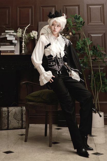 Black/White Embroidery Asymmetric Gothic Prince Handsome Ouji Lolita Set
