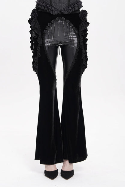 Black Ruffled Spliced Women's Gothic Floral Faux Leather&Velvet Ruffle Pants