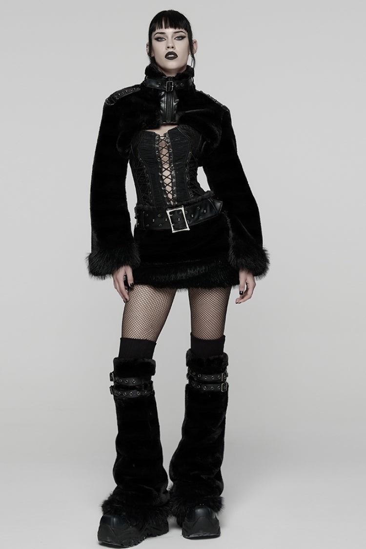 Black Stand Collar Long Sleeves Buckle Straps Faux Fur Women's Punk Short Cloak