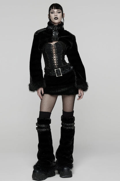 Black Stand Collar Long Sleeves Buckle Straps Faux Fur Women's Punk Short Cloak