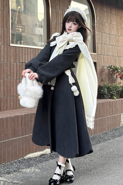 [Winter Sonata] Long Sleeves Bowknot Sweet Elegant Lolita Long Coat 2 Colors