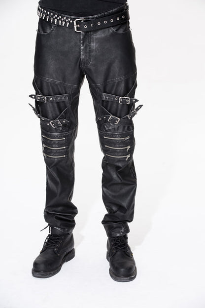 Black Punk Rock Biker Multi Loops Silver Zipper Hand Rubbed Leathers Mens Pants