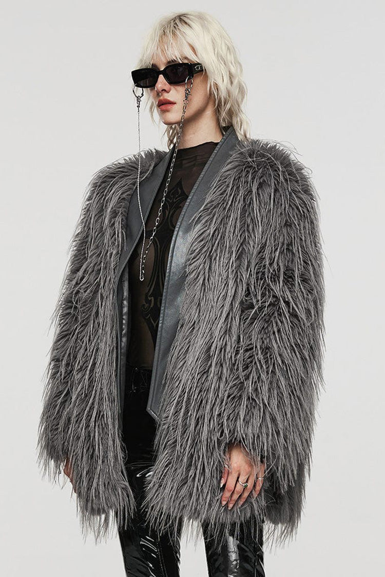 Grey Faux Fur Wool Side Long Sleeves Stitching Womens Gothic Elegant Coat