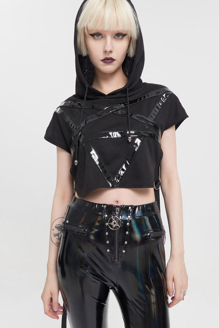 Black Short Front Long Back Stitched Shiny Leather Inverted Pentagram Shape Hoodie Short Sleeve Women's Punk T-Shirt