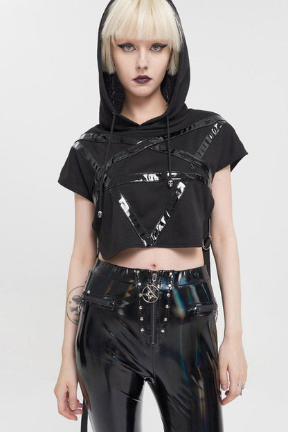 Black Short Front Long Back Stitched Shiny Leather Inverted Pentagram Shape Hoodie Short Sleeve Women's Punk T-Shirt
