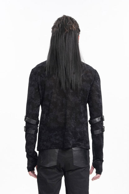 Black Round Collar Long Sleeves Buckle Star Studs Men's Gothic T-Shirt