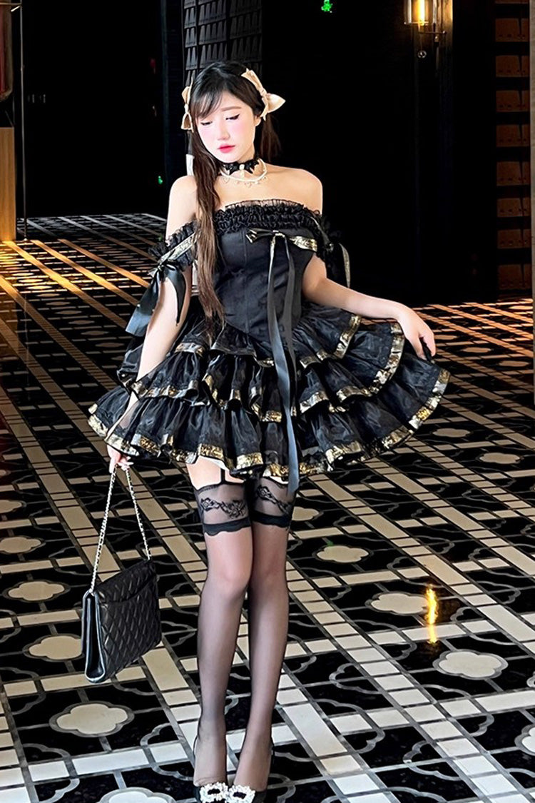 Black [Princess Ribbon] Off Shoulder Triple-Layered Ruffle Bowknot Sweet Lolita Dress