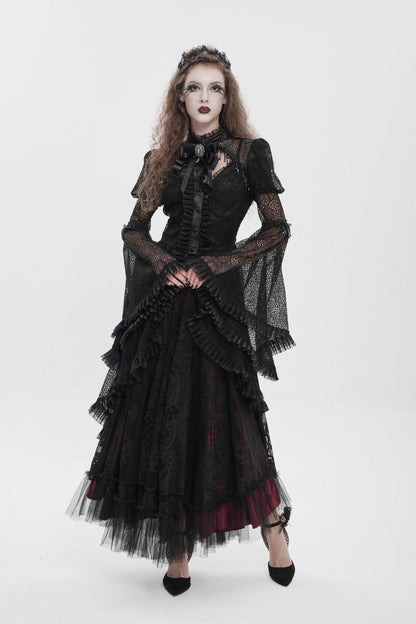 Black Stand Collar Long Trumpet Sleeves Cut-Out Women's Gothic Gorgeous Blouse