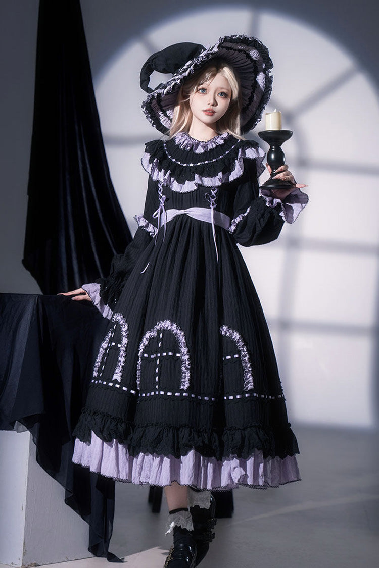 Black [Twin Lilian] Round Collar Long Sleeves Double-Layered Ruffled Bow Lace-Up Gothic Lolita Dress