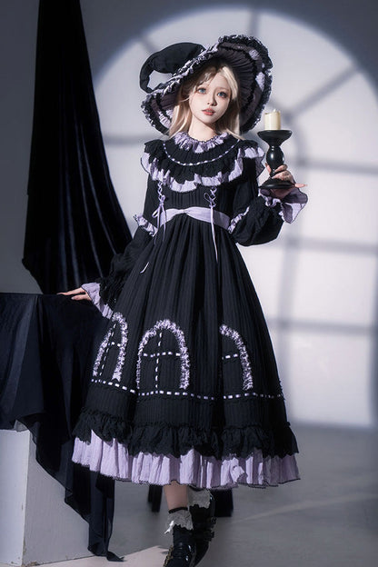 Black [Twin Lilian] Round Collar Long Sleeves Double-Layered Ruffled Bow Lace-Up Gothic Lolita Dress