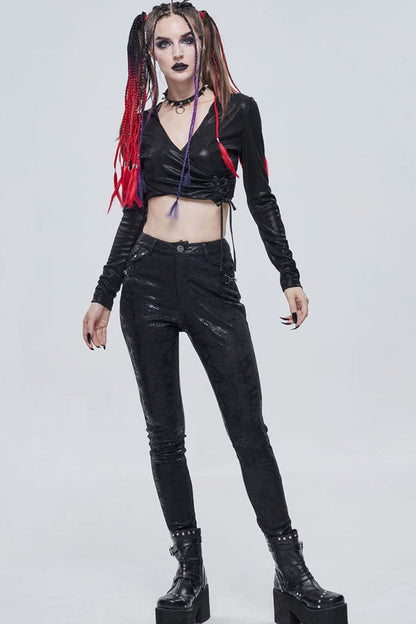Black Punk Knitted Over Glue Metal Buckle Decoration Elasticity Leather Women's Leggings