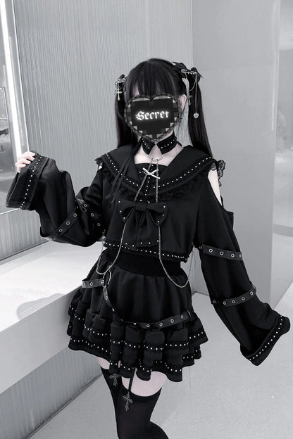 Black [Serpent Devour] Navy Collar Long Sleeves Ruffled Bow Studded Gothic Jirai Kei Top and Skirt Set