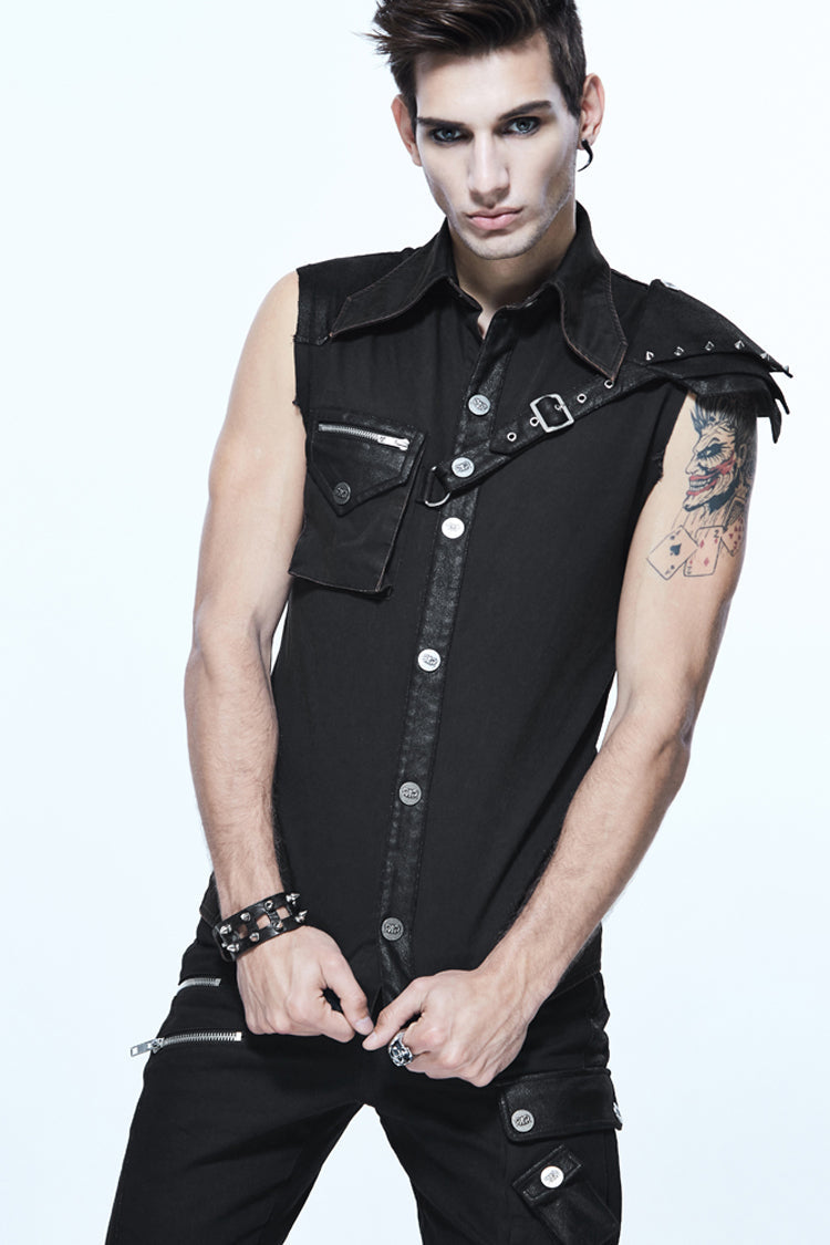 Black Sleeveless Twill One-Shoulder Armor Heat Seal Men's Punk Shirt