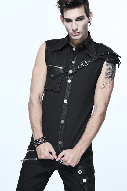 Black Sleeveless Twill One-Shoulder Armor Heat Seal Men's Punk Shirt