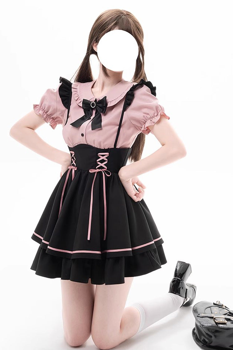 Black/Pink First Sakura Short Sleeves Multi-layer Lace-Up Sweet Jirai Kei Japanese Set