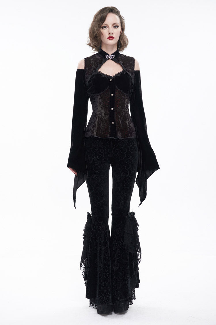Black/Red Velvet Off-The-Shoulder Cutout Metal Button Flared Sleeve Lace-Up Women's Gothic Shirt