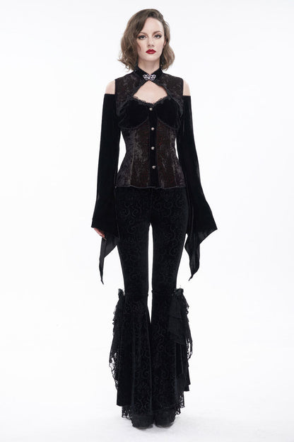 Black/Red Velvet Off-The-Shoulder Cutout Metal Button Flared Sleeve Lace-Up Women's Gothic Shirt