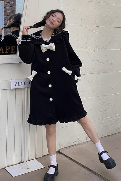 Black [Bouquet Bear] Doll Collar Long Sleeves Ruffle Bowknot Princess Lolita Coat