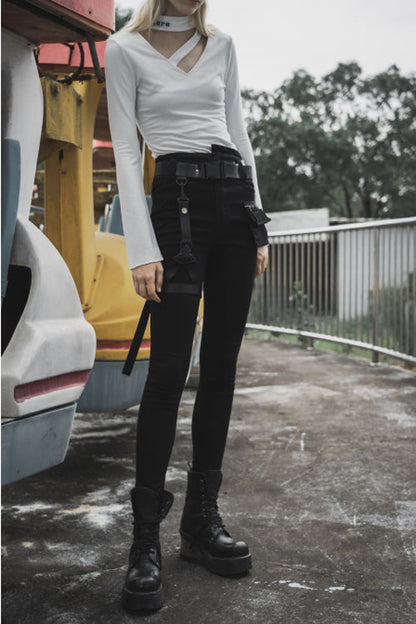 Black Punk Diablo War Hee Female Detachable Loop Denim Skinny Jeans Womens Pants