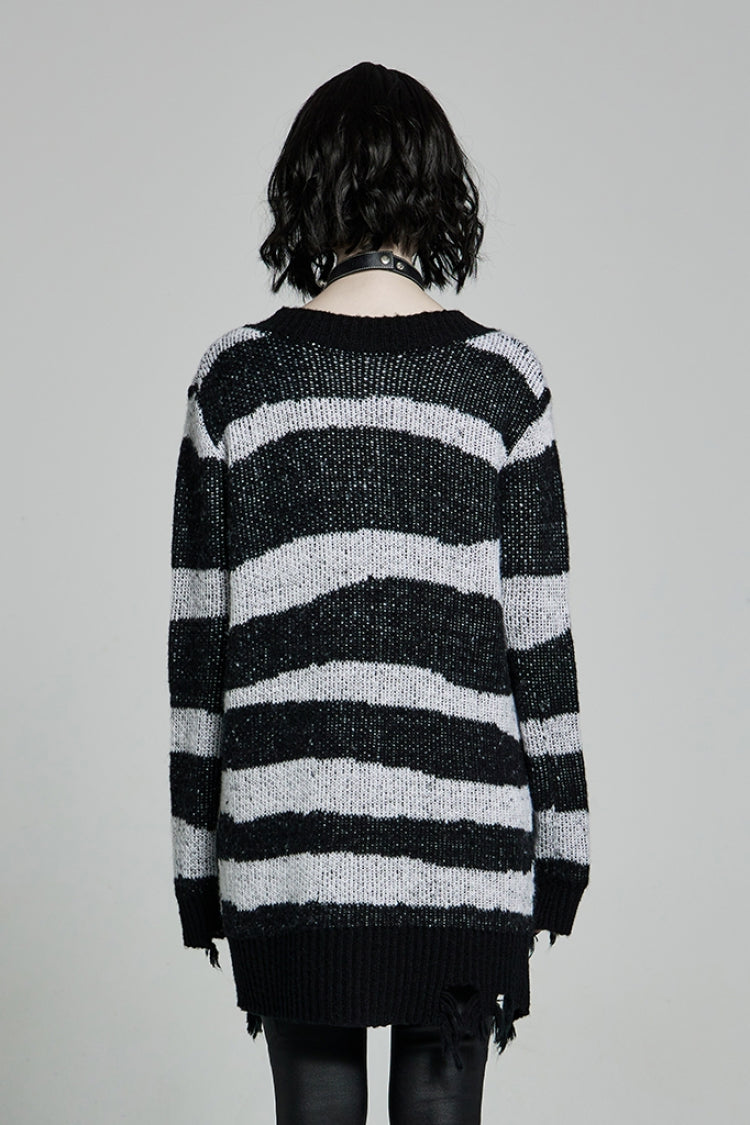 Striped Print Long Sleeves Mesh Ripped Women's Steampunk Knitted Sweater 2 Colors