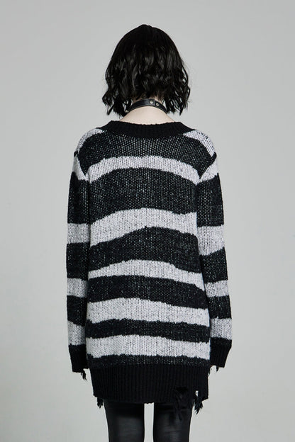 Striped Print Long Sleeves Mesh Ripped Women's Steampunk Knitted Sweater 2 Colors