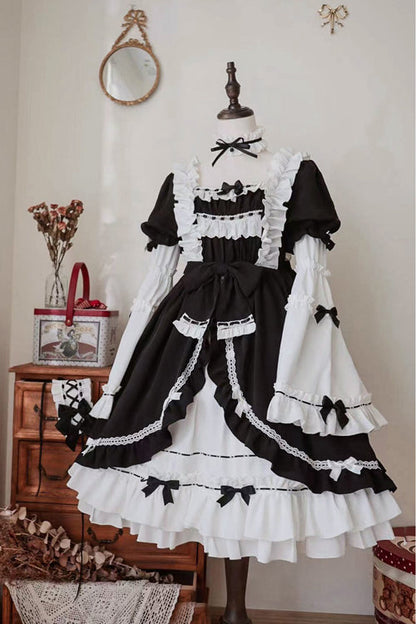 Black/White Ruffled Long Sleeves Detachable Trumpet Sleeves High Waisted Sweet Lolita OP Dress