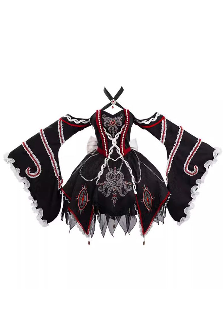 Black [Phantom Devourer] Off Shoulder Long Hime Sleeves Print Embroidery Gothic Lolita Dress