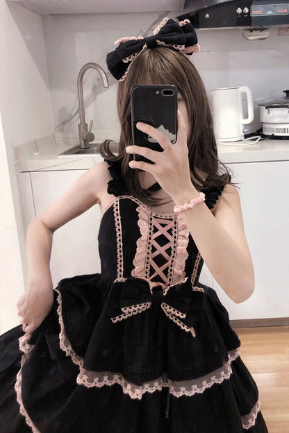Black/Pink First Love Triple-Layered Ruffle Bowknot Lace Gothic Lolita Jsk Dress