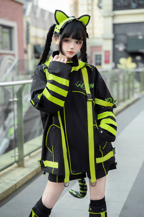 Yellow/Green/Black Long Sleeves Print Cat Ears Hooded Jirai Kei Handsome Coat