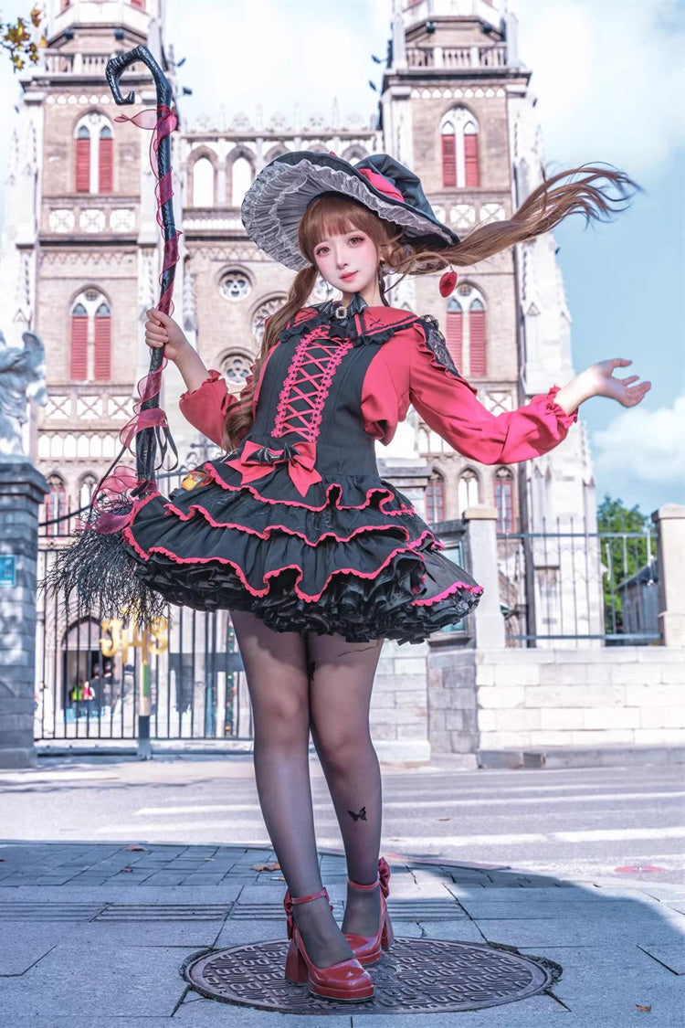 Black/Red [Showa Cake] Sleeveless Triple-Layered Ruffled Bow Lace-Up Witch Gothic Lolita Jsk Dress