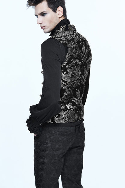 Black/Silver Palace Short Big Jacquard Pattern Men's  Gothic Waistcoat