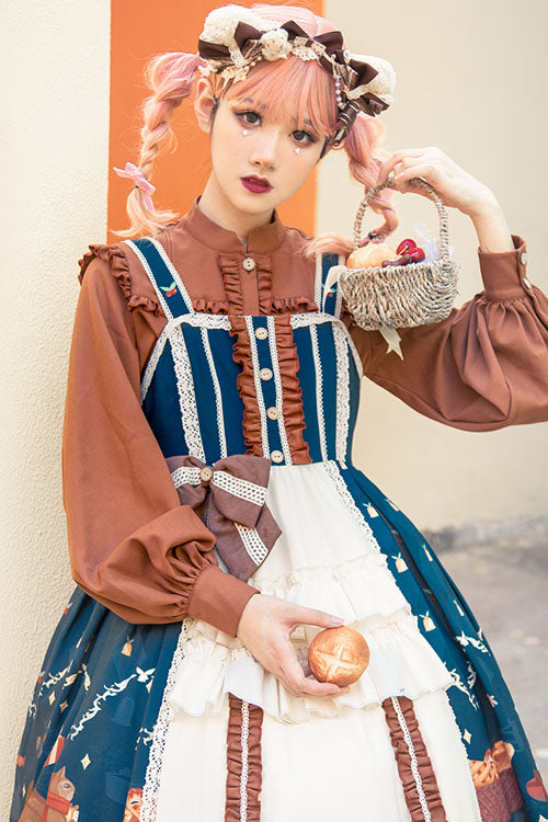 Blue/Brown Christmas Bread Squirrel Gift Print Cardigan Bowknot Multi-Layer Ruffled Sweet Lolita JSK Dress