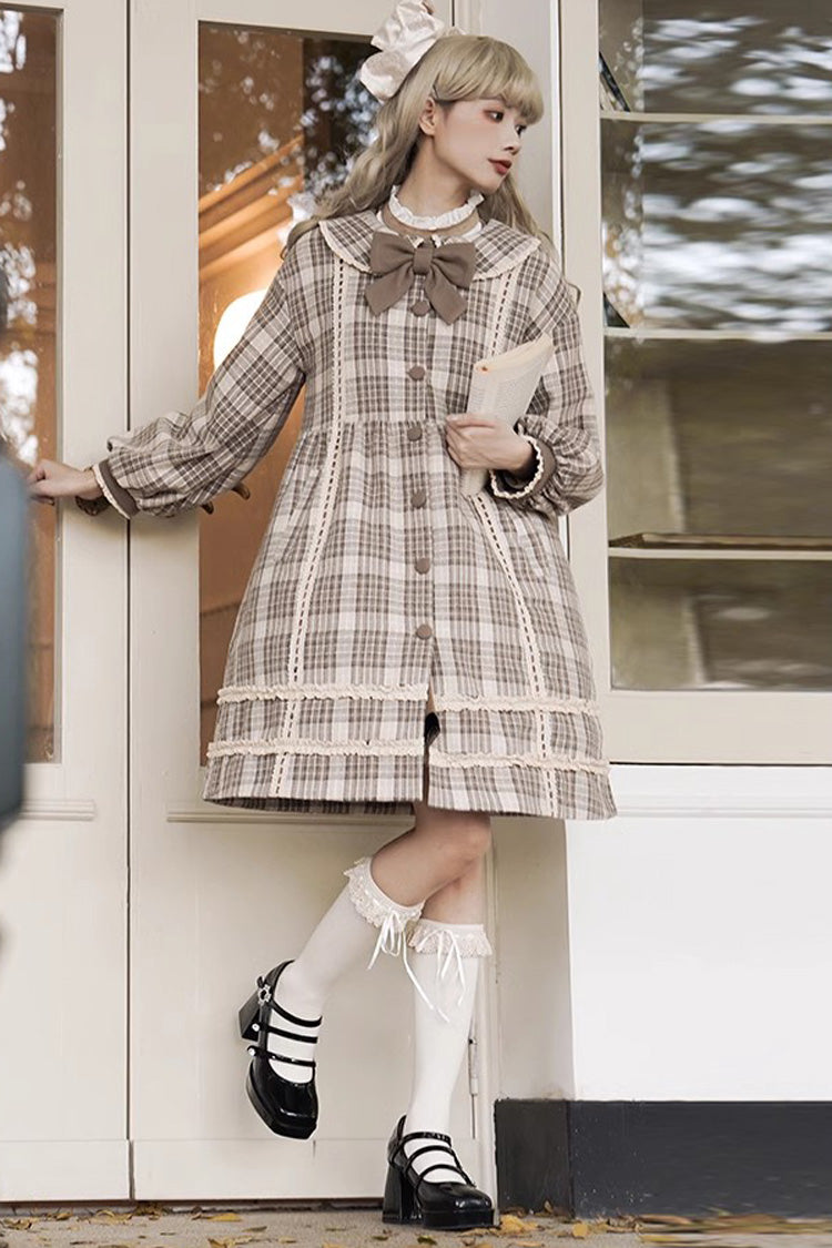 Light Brown Doll Collar Long Sleeves Multi-layer Print Bowknot Sweet College Style Lolita Dress Coat