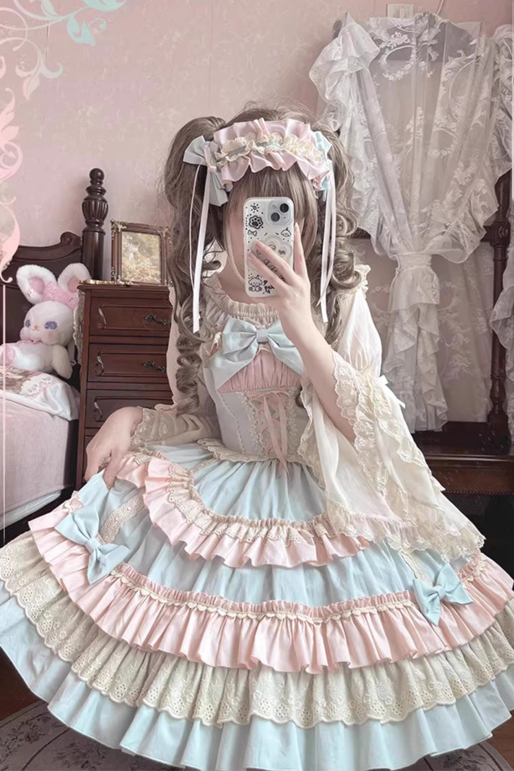 Blue/Pink Candy Sleeveless Multi-Layered Ruffle Bowknot Lace-Up Sweet Lolita Tiered Dress