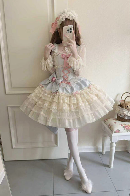Blue [Rose Canticle] Sleeveless Multi-Layered Bowknot Lace Lace-Up Pearl Ballet Sweet Lolita Jsk Dress
