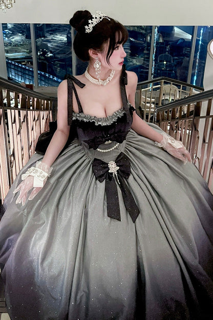 Blue [Fantasy Sea Star River] Sleeveless Print Ruffle Hot Stamping Bowknot Lace Sweet Gorgeous Lolita Jsk Dress