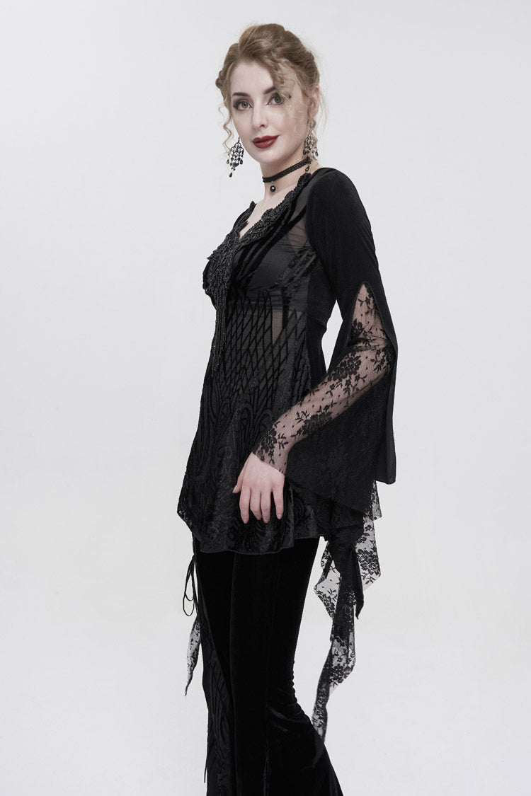 Black V-Neck Beading Lace Flared Cuffs Floral Hip Covered Long Sleeves Women's Gothic T-Shirt