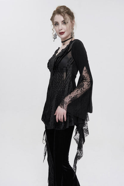 Black V-Neck Beading Lace Flared Cuffs Floral Hip Covered Long Sleeves Women's Gothic T-Shirt