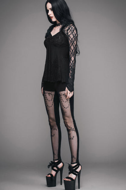 Black Sexy V Neck Mesh Long Sleeves Rose Lace Bottoming Women Gothic T-Shirt